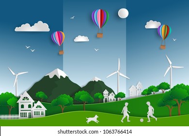 Concept of eco friendly save the world and environment with green nature landscape paper art scene background,child playing football in the field with dog,vector illustration