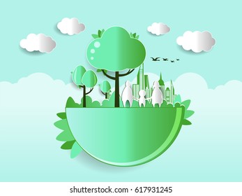 Concept of eco friendly with shape of family, tree and city in Vector Illustration green tone of paper art layout style