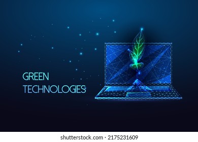 Concepto de tecnologías ecológicas, TI verde con portátil y brote en azul futurista 