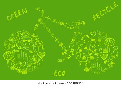Concept of eco green way of life/ bike made of hand drawn eco icons