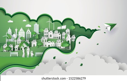 concept of eco with happy family on the field and paper plane .paper art cut style