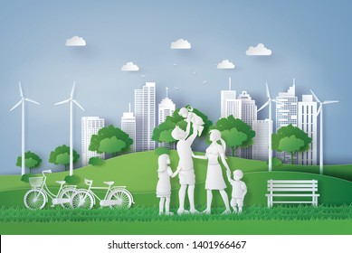 Concept Eco Happy Family Walking On Stock Vector (Royalty Free) 1401966467