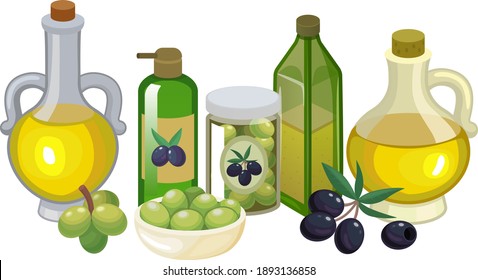 Concepto ecología producto natural aceite de oliva virgen, alimento de oliva fresco, alimento de mantequilla sana caricatura ilustrativo vectorial, aislado en blanco. Banner comestible de crecimiento de salida respetuoso con el medio ambiente.