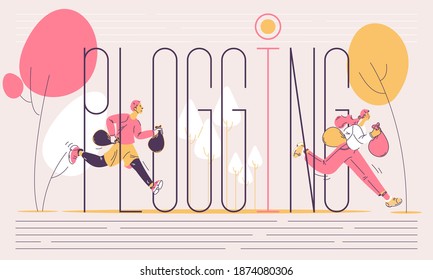 Concept eco illustration with people jogging with trash. Plogging large lettering. Pink and yellow colors, trees on background.