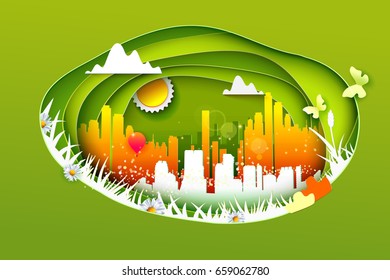 Concept of eco life style with paper cut decoration. VEctor illustration for eco friendly city concept. Paper art cutout style for presentations, flyers, posters and invitations.
