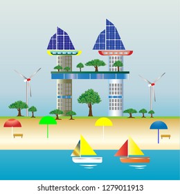 concept of eco Modern Energy saving building on the beach vector illustration