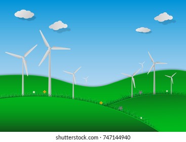 Concept of eco and renewable energy with turbine. Save Earth concept. World Environment day.  Ecology and nature. paper style.