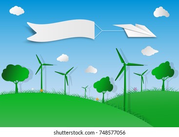 Concept of eco and renewable energy with turbine. Save Earth concept. World Environment day.  Ecology and nature. paper style.