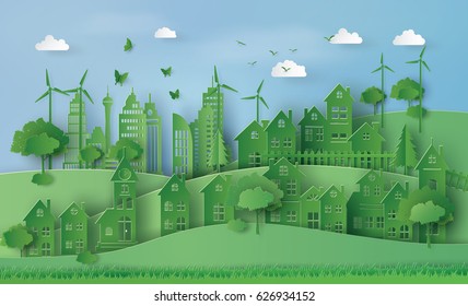 concept of eco with Urban Countryside Landscape City Village , save the earth and world environment day .