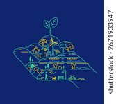 concept of eco-city or green city, lined graphic of hand holding leaf with ecology element 