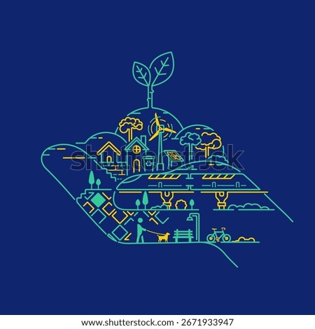 concept of eco-city or green city, lined graphic of hand holding leaf with ecology element 