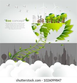 Concept of eco,Creative drawing world map global ecological concepts.