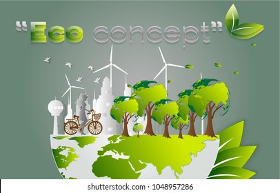 Concept of eco,Creative drawing world map global ecological concepts.

