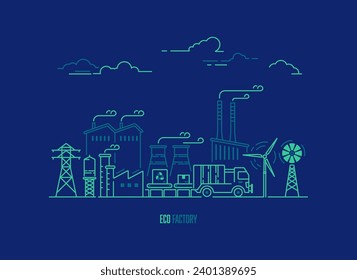 concept of eco-factory or green industry, graphic of power plant with ecology element