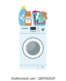 Concepto de lavandería ecológica. Lavadora y cesta de lavado. Jabón en polvo para lavar. Acondicionador de línea. Concepto de lavar ropa. Ilustración vectorial plana aislada.