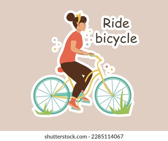 Concept Ecologic girl ride bicycle title. The concept of ecology is depicted through the use of flat vector design. Vector illustration.
