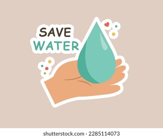 Concept Ecologic hand water drop save water title. This is an ecological-themed design illustration featuring a flat, vector cartoon of a hand holding a water drop. Vector illustration.