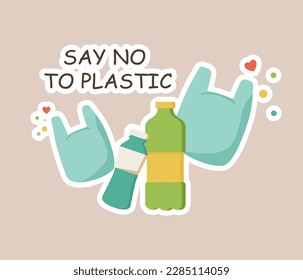 Concept Ecologic plastic bags and bottles say no plastic title.The scene features cartoon-style plastic bags and bottles, indicating the phrase No Plastic. Vector illustration.