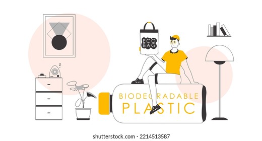 The concept of ecological bags and plastic. The guy is holding an eco package in his hands. Linear trendy style.