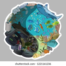 The concept of ecological catastrophe of garbage in the sea. The problems with chemical wastes disposal. Environmental disaster of plastic debris and straws in the ocean. 
