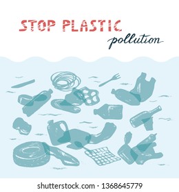 Concept of the ecological catastrophe of garbage in the sea with lettering or place for the text stop ocean plastic pollution. The problems with chemical wastes disposal.