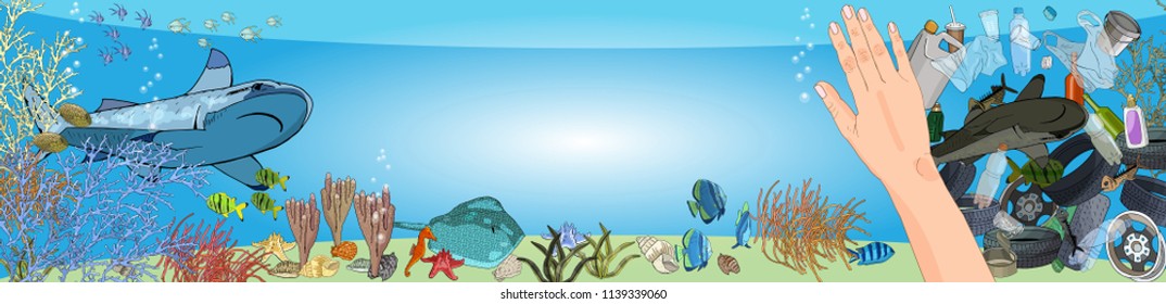 The concept of ecological catastrophe of garbage and waste in the ocean. Horizontal banner.