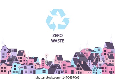 Concept of ecological city with recycle. Flat illustration with cityscape. Editable vector illustration.