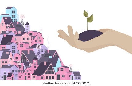 Concept of ecological city with recycle. Flat illustration with cityscape and human hand with plant. Editable vector illustration.