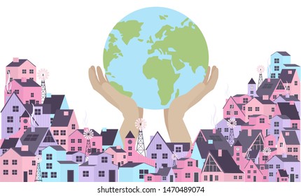 Concept of ecological city with recycle. Flat illustration with cityscape and human hands with Earth planet. Editable vector illustration.