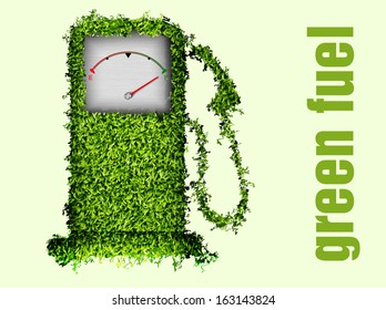 concept of ecological fuel. Green fuel pump out of the grass