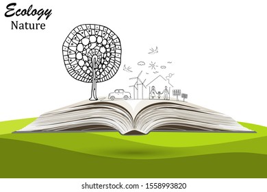 The Concept Of The Ecological History Of A Happy Family On An Open Book. Environmentally Friendly World. Black And White Sketch Drawing. Eco Friendly. Handmade Vector Illustration. Hand-drawn. 