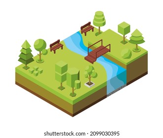 Concept of an ecological park, recreation areas with a pond and bridge. Natural landscape, environment. Landscaped nature reserve, forest, grove. Trees isometric icons. Vector isometric illustration