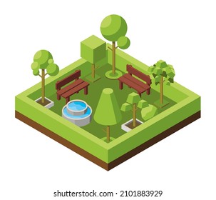 Concept of an ecological park, recreation areas with a fountain. Natural landscape, environment. Landscaped nature reserve, grove, forest in summer, spring. Trees icons. Vector isometric illustration