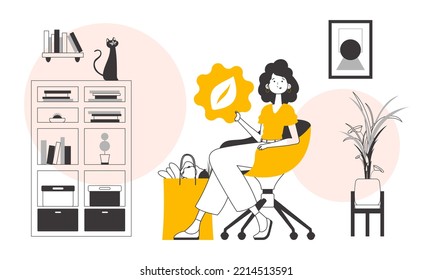The concept of ecological products. Girl, package with products and eco logo. Linear trendy style.
