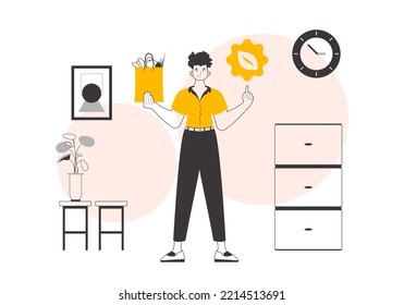 The concept of ecological products. Guy, package with groceries and eco logo. Lineart trendy style.