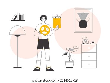 The concept of ecological products. Guy, package with groceries and eco logo. Linear style.