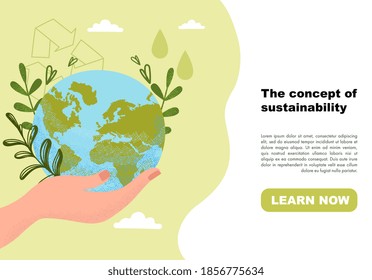 Concept of ecological sustainability, environmental protection, eco recycling. Slide or landing page layout, website or web page template, poster, banner with text. Flat vector illustration