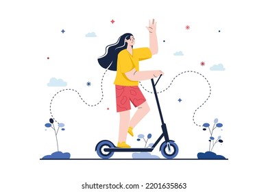 Concept Ecological transport with people scene in the flat cartoon design. Girl moves around the city on an electric scooter so as not pollute the air. Vector illustration.