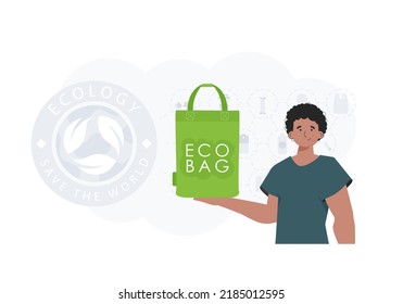 El concepto de ecología y cuidado del medio ambiente. El tipo tiene una BOLSA ECO en sus manos. Ilustración de moda en Vector.