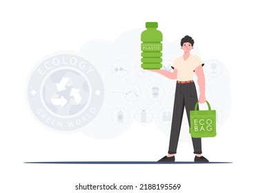 The concept of ecology and care for the environment. The guy holds a bottle of biodegradable plastic in his hands. Trend style.Vector illustration.