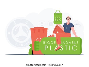 The concept of ecology and care for the environment. A man sits on a bottle made of biodegradable plastic and holds an ECO BAG in his hands. Fashion trend illustration in Vector.