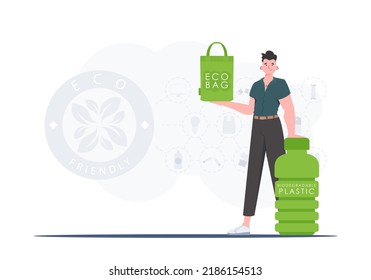 Das Konzept der Ökologie und der Umweltpflege. Ein Mann hält einen ECO-BAG in den Händen. Mode Trend, Vektorgrafik.