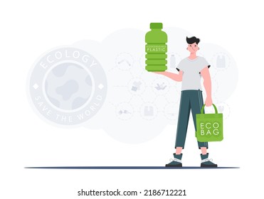 The concept of ecology and care for the environment. A man holds a bottle made of biodegradable plastic in his hands. Trend style.Vector illustration.