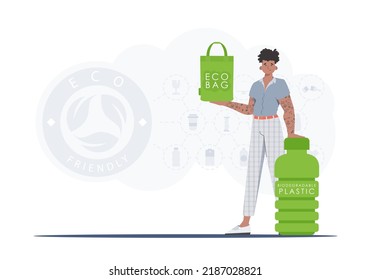 The concept of ecology and care for the environment. A man holds an ECO BAG in his hands. Trend style.Vector illustration.