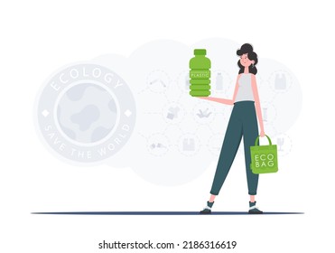 The concept of ecology and care for the environment. A woman holds a bottle made of biodegradable plastic in her hands. Trend style.Vector illustration.