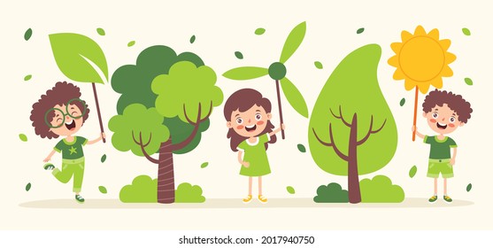 Concept Of Ecology With Cartoon Kids