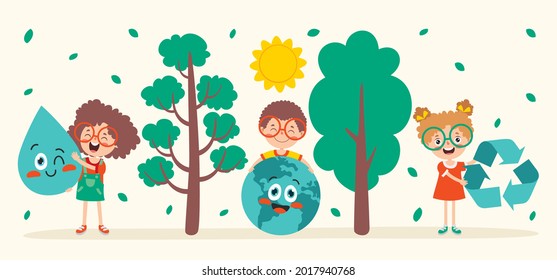 Concept Of Ecology With Cartoon Kids