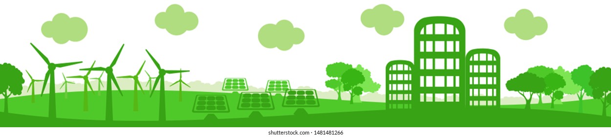 Concept ecology city with solar panel and wind turbine, wind solar energy - stock vector