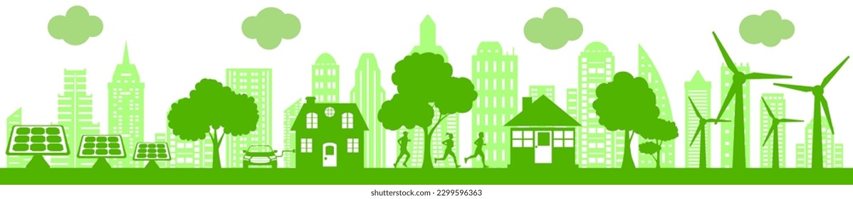 Concept ecology city with solar panel and wind turbine, renewable eco friendly energy banner, wind solar energy, technological sustainable development, clean environment and alternative energy