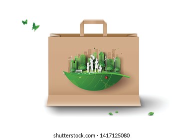 concept of ecology and environment on paper shopping bag, Paper cut style.